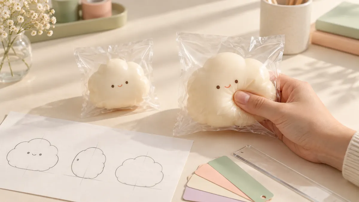 三面のスケッチと色見本の横で、袋入りサンプルを指で押して確かめる製作イメージ