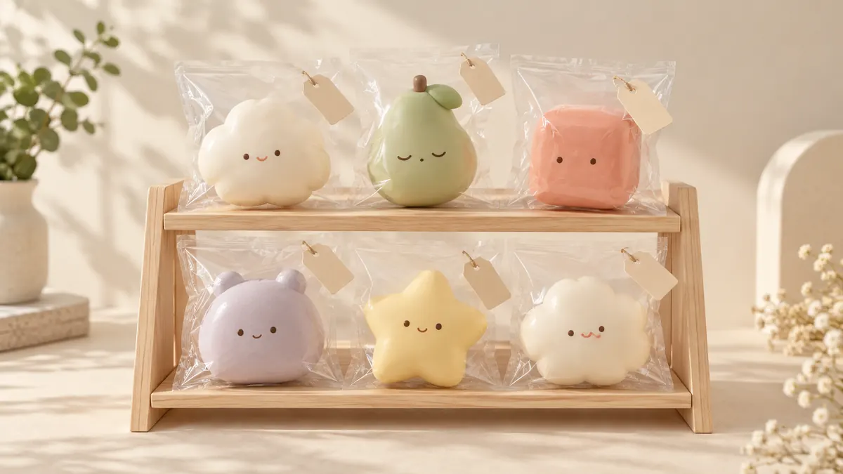 木の棚に並んだ、透明な袋入りのキャラクタースクイーズの製作イメージ