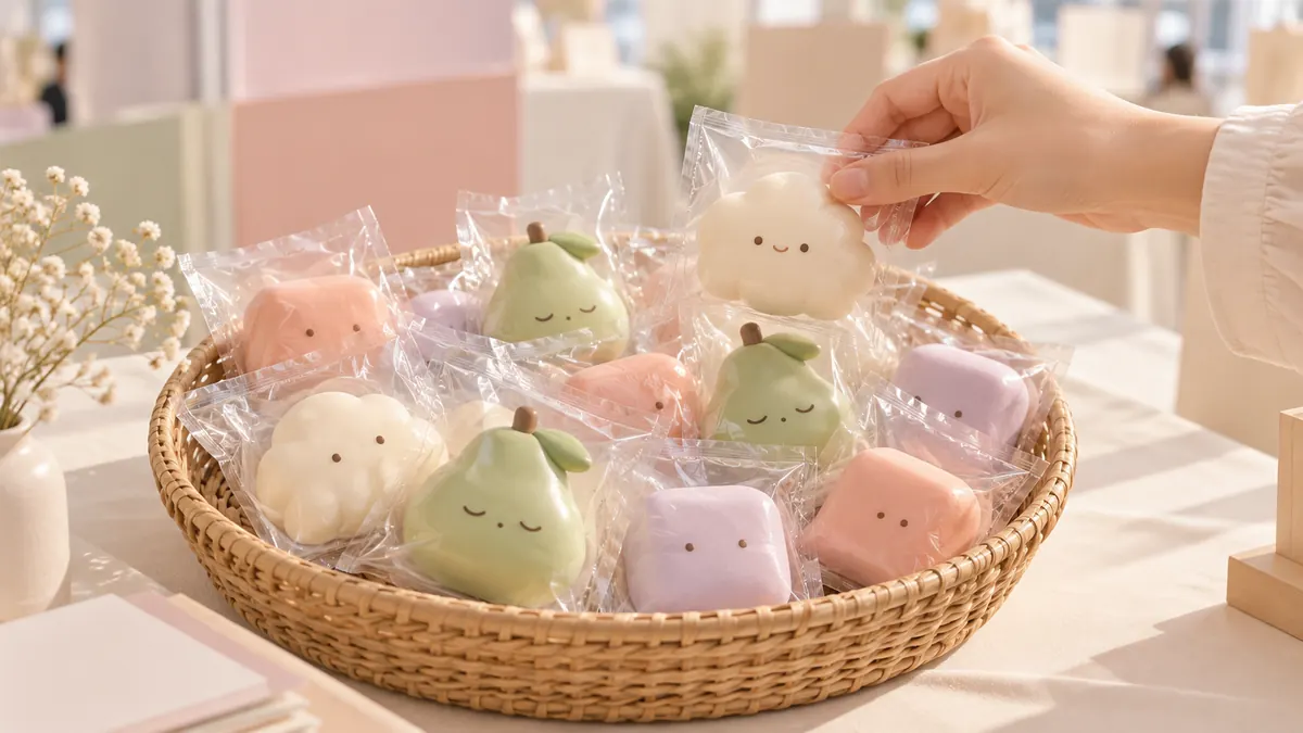 展示会の受付で、かごに入った袋入りスクイーズを手に取る製作イメージ